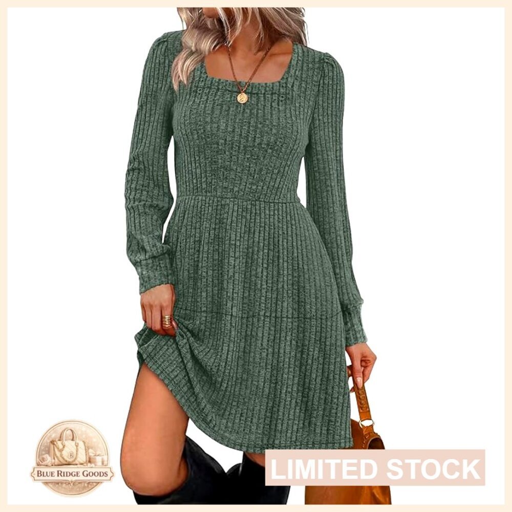 Square Neck Babydoll Sweater Dress Long Sleeve Loose Fit Fall Casual Chic